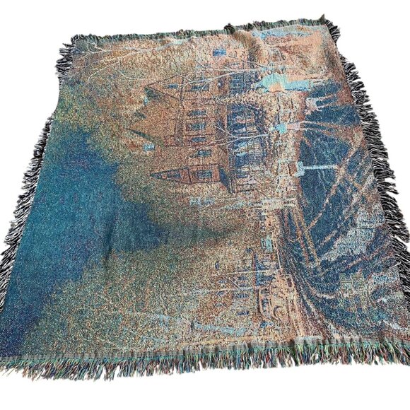 Thomas Kinkade Tapestry Winter Scene Afghan Throw Blanket Colorful Cotton Fringe - Picture 2 of 7